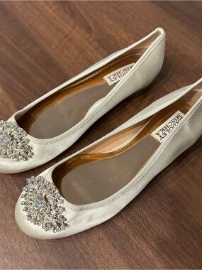Badgley Mischka Ivory Satin Jeweled Ballet Flats